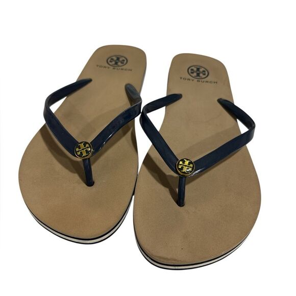 Tory Burch navy blue  and Tan Sandals EUC - Picture 1 of 4